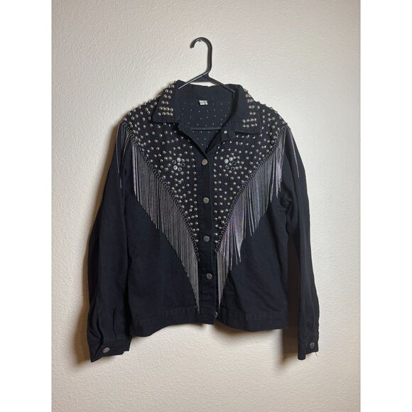 Black Denim Jacket Womens Oversized Sz L Studded Rivet Tassel Chain - Picture 1 of 4
